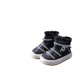 Boots 2021 Winter Fashion Girls' Leather Shoes Bowknot Rhinestone Breathable Princess Soft Soled 1-3 -9 Years Old Snow