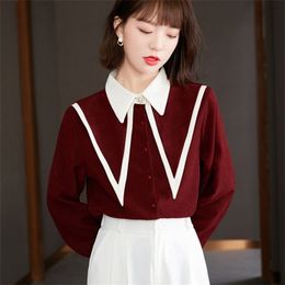 Spring Women Hit Colour Corduroy Blouse Shirt Casual OL Long Sleeve Turn Down Collar Lady Chic Femme Tops 210519