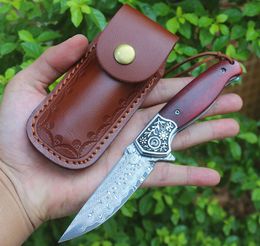 Special Offer Flipper Folding Knife VG10 Damascus Steel Drop Point Blade Rosewood + Stainless Steel Head EDC Pocket Knives With Leather Sheath