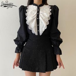 Spring Hollow Patchwork Lace Blouse Women Korean Long Puff Sleeve Fashion Ladies Shirt Solid Palace Style Button Tops 13272 210427