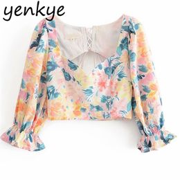 Multicolor Vintage Floral Print Crop Top Women Sexy Backless V Neck Puff Sleeve Summer Tops Short Blouses blusas LDZZ6303 210514