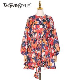 Hit Color Mini Dress For Female O Neck Long Sleeve High Waist Lace Up Printed Casual Dresses Spring 210520