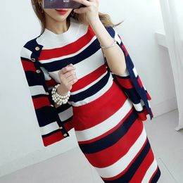 Striped Short Sleeves Pullovers Knitted 3 Piece Sets Runway Elegant Leisure Suit Skirt Stretch Crop Top And cardigan Jacket 210514