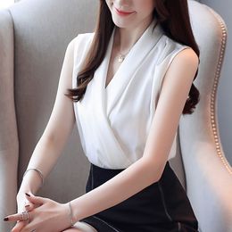 Summer OL Simple Satin Silk Blouse Women's Sleeveless V-Neck Pullover Tops Elegant Workwear Chiffon Shirt blusas 8 Colors 210416