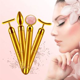 4 IN 1 Beauty Bar 24k Gold Electric Jade Roller Slimming Face Massage Lifting Vibrating Natural Rose Quartz Rollers Anti Wrinkles Skin Tightening Tools