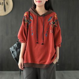 Spring Autumn Arts Style Women Long Sleeve Loose Pullovers Vintage Embroidery Cotton Casual Hooded Hoodies Tops M308 210512
