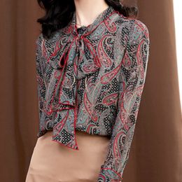 Elegant Bow Collar long Sleeve Floral Print Women's Chiffon Shirts Office Ladies Loose Female Blouses Tops spring 210514
