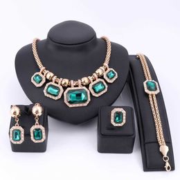 Fashion Necklace Bracelet Earrings Ring Green Gem Gold Colour Wedding Jewellery Sets For Women Crystal African Dress Accessories H1022