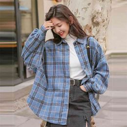 Spring Autumn Korea Fashion Women Long Sleeve Turn-down Collar Shirt Coat All-matched Casual Plaid Blouse Loose Tops S167 210512