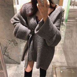 Oversize Women Sweaters Autumn Winter Vintage V Neck Cardigans Korean Single Breasted Long Sleeve Loose Knitted Cardigan 210514