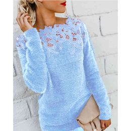 Women Autumn Winter Fleece Pullover Sexy Lace Hollow Out Plush Sweater Slash Neck Knitted Sweater Plus Size Tops Casual Jumpers 210518