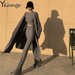 Winter Fashion Knitted Three-Piece Set Short Sweater+Long Coat+High Waist Flares Pants Autumn Plus Size Black Gray Suit 210619