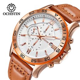 rotary watches UK - Wristwatches OCHSTIN Brand Men Business Quartz Watch Fashion Leather Strap Rotary Calendar Chronograph Waterproof Multifunction Wristwatch