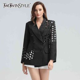 Plus Size Blazer For Women Notched Collar Long Sleeve Hollow Out Asymmetric Coat Female Fashion Clothing 210524