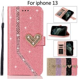 Bling Diamond Glitter Leather Wallet Cases For Samsung S23 Ultra Plus S22 A14 A54 A34 Note 20 A13 A33 A53 A73 Love Sparkly Luxury Fashion Heart Sparkle Flip Cover Pouch