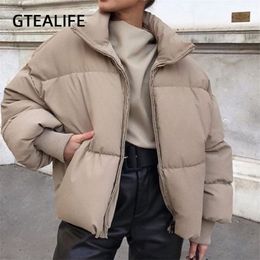 Gtealife Fashion Stand Collar Parka Thick Warm Winter Bubble Coats Female Khaki Jackets Pockets Zipper Simple Overcoats 210913