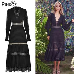 designer stylish black patchwork lace pleated midi dress for women high waist hollow out lantern sleeve dresses party 210421
