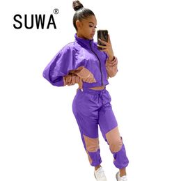 Sexy Fitness Wear Cool Girl Streetwear Jogger Women 2 Piece Outfits Long Sleeve Jacket Top Baggy Pants K-Pop Style Matching Sets 210525