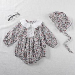 Newborn Toddler Infant Baby Girls Floral Printing Bodysuit Long Sleeve Jumpsuit With Hat Autumn Baby Clothing 210413