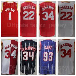 Retro Basketball Clyde Drexler 22 Jersey Hakeem Olajuwon 34 Tracy McGrady 1 Vintage Embroidery And Sewing Red White Navy Blue Team Colour Breathable Pure Cotton