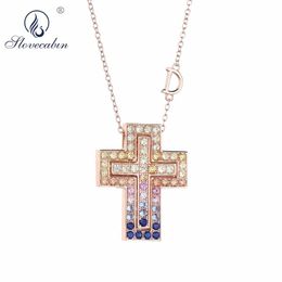 Slovecabin Pink Gold Long Chain D Leter Cross Colourful AAA Zircon Pendant Necklace 925 Sterling Silver JapanWomen Luxury Jewellery