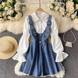 Women 2 Piece Set Long Sleeve Single Breasted White Shirt and Slim Mini A-line Denim Dress Suits Casual Women's Clothing Sets 210603