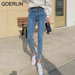 Autumn Winter Korean Chic Button High Waist Jeans Slim Warm Fleece Pants Plus Denim Women Split Trouser 210601