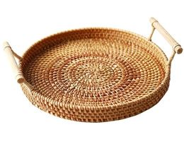 Rattan Storage Tray Round Basket Plates with Handle Hand-Woven Wicker Bread Fruit Food Breakfast Display L fast shipment