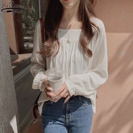 Autumn Square Collar Cotton Blouse Women Long Sleeve Loose Shirt Apricot Puff Pullover Top 11696 210427