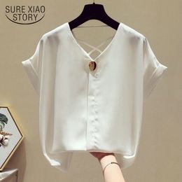 Summer Korean Solid V-neck Chiffon Blouse Blusas Mujer De Moda Short Sleeve Shirts For Women OL Clothes Blusa 9306 50 210415