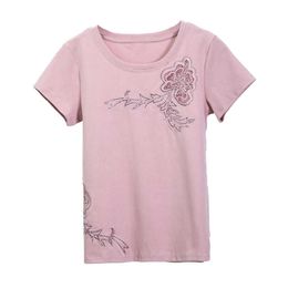 Diamonds Summer T Shirt Women Vintage Flower Mesh Hollow T-Shirt Cotton Short Sleeve Plus Size Pink Tee Shirt Femme Clothes 210604