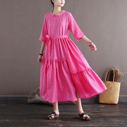 Johnature Women Bandage Cotton Linen Dress Stand Seven Sleeve Robes Solid Colour Patchwork Fold Summer Female Vintage Dress 210521