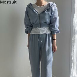 Sport Casual Korean Two Piece Pants Tracksuit Sets Women Short Hoodie + Wide Leg Outfits Fashion Female 210513