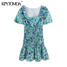 Women Chic Fashion Floral Print Ruffled Smocked Mini Dress Square Collar Short Sleeve Female Dresses Mujer 210420