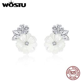 Stud WOSTU 100% 925 Sterling Silver Shell Daisy Flowers Earrings For Women Party Engagement S925 Fashion Jewelry FNE008