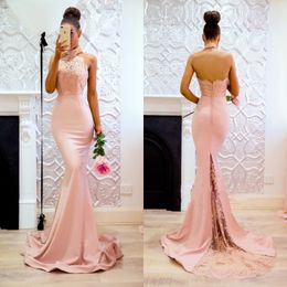 Pink Mermaid Halter Bridesmaid Dresses Sexy Open Back Appliques Sweep Train Long Maid of Honour Gowns Wedding Guest Dress Formal
