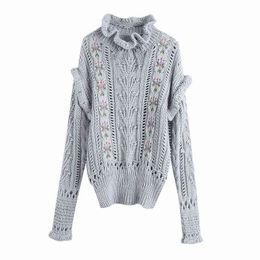 Evfer Women Fashion Flower Embroidery Za Gray Long Sweaters Female Autumn Casual Drawstring Turtleneck Knitted Pullover Tops Y1110