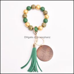 Beaded, Strands Bracelets Jewelry Colorf Wooden Bead Keychain Fashion Personalized Tassel Bracelet Key Ring For Women 17 Colors Gwe11312 Dro