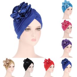 Fashion Solid Colour Baotou Cap Pleated Indian Hat Satin Flower Turban Hat Women Stylish Comfortable Beanie Hat