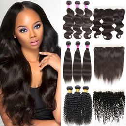 36 Inches Human Remy Hair Bundles With Lace Frontal Closure Straight Body Deep Water Loose Wave Jerry Kinky Curly Brazilian Virgin 3 4 Weave Weft Extension 10A Grade