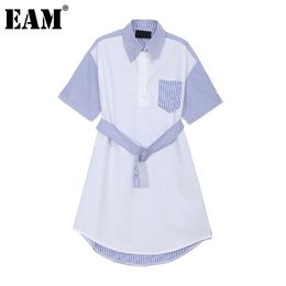 [EAM] Women Contrast Colour Striped Sashes Shirt Dress Lapel Short Sleeve Loose Fit Fashion Spring Summer 1DD8561 21512