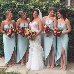 2022 Mint Green Bridesmaid Dresses Strapless V Neck Sheath Custom Made Side Slit Plus Size Maid of Honour Gown Beach Chiffon Wedding Guest Formal Party Wear