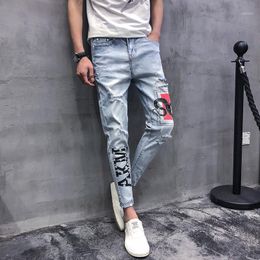 Spring Autumn 2021 Teenagers Student Ripped Denim Jeans Men's Korean Slim Snake Printed Feet Pants Casual Harlan