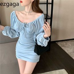 Ezgaga Sexy Dress Women Korean Vintage Puff Sleeve High Waist Slash Collar Party Ladies Bodycon Dress Elegant Solid Vestidos 210430