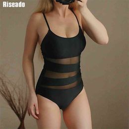 Riseado Vintage Swimsuit Mesh Swimwear Women Black Bathing Suit Strap Beachwear Swimming Suits for XXL 210611