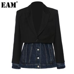 [EAM] Women Black Denim Spliced Long Blazer Lapel Sleeve Loose Fit Jacket Fashion Spring Autumn 1DE1679 211019