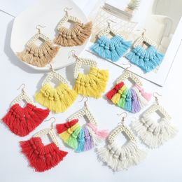 Rainbow Tassel Earrings Bohemian Handmade Wooden Rattan Cotton Thread Fringed Dangle Earrings Statement Female Jewelry
