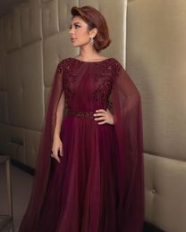 Dubai Grape Formal Evening Dresses Cape Sleeve 2021 A Line Long Prom Dress Beads Sash Scoop Arabic Muslim Celebrity Party Gowns