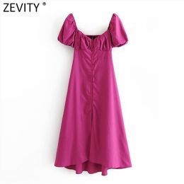 Women Vintage Chic Single Breasted Linen Midi Dress Vestidos Female V Neck Puff Sleeve Back Elastic Slim Dresses DS8285 210416