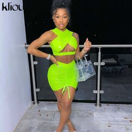 Kliou Solid Criss Cross Sexy Stretchy Two Piece Set Women Party Clubwear Crop Top+Dstring Stacked Bodycon Skirts Outfits Hot X0709